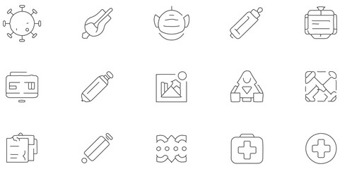 Set of black line icon relared to corona virus with outline pattern abstract background, virus effect make icon of line and symbol modern tecnology seamless pattern of geometric shape icon set design.