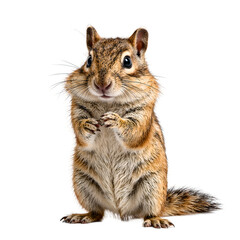 Obraz premium Adorable chipmunk with striped fur and cheeks stuffed full standing on hind legs with front paws raised Isolated on a white background