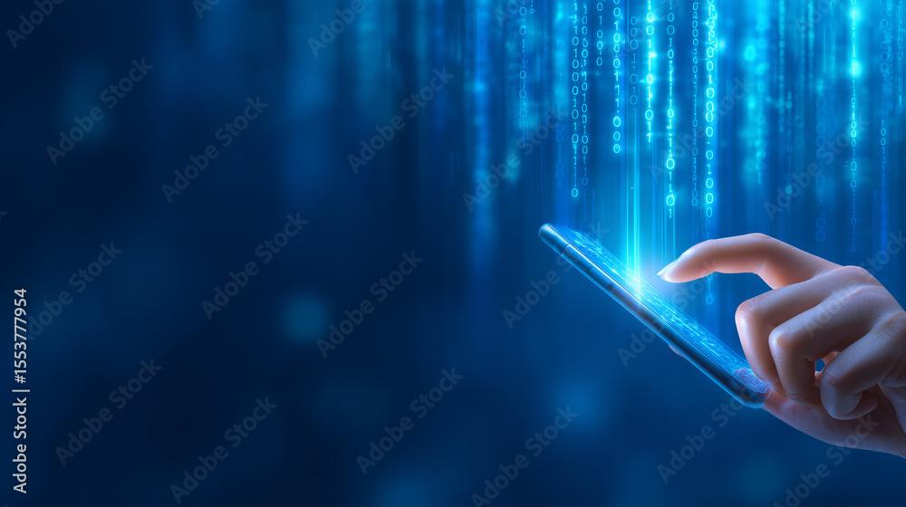 Poster a hand is reaching towards a smartphone that projects glowing digital data in a dark, futuristic set
