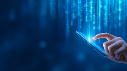 A hand is reaching towards a smartphone that projects glowing digital data in a dark, futuristic setting. The bright lights resemble a stream of binary code, creating a tech-savvy atmosphere