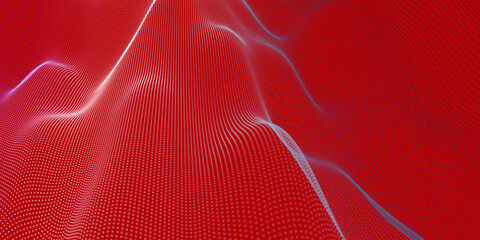 Futuristic dot wave. Abstract digital particle wave. Technology background. Colored musical wave. Light background. Digital background with smooth, wavy curves. 3D rendering.
