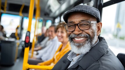 Smiling mature man enjoys a bus ride alongside other passengers. He is looking towards the camera with warm friendliness and happiness.