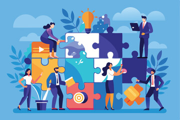 Business teamwork concept vector illustration depicting diverse professionals collaborating on a puzzle in a creative workspace