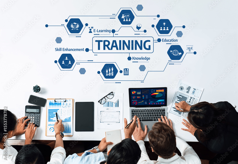 Poster a diverse team collaborates on training strategies emphasizing e-learning, skill enhancement, and kn