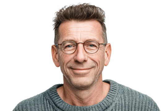 PNG Smiling mature caucasian male with glasses and gray sweater - Powered by Adobe