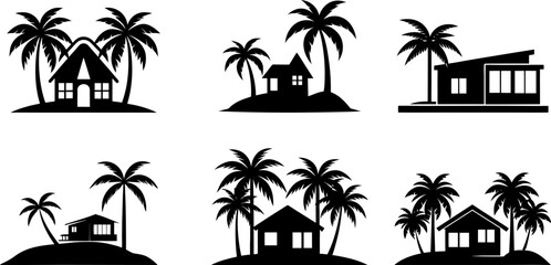 Summer Vacation House and Palm Trees Silhouette Design