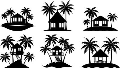 Exotic Island Beach Houses in Silhouette Style