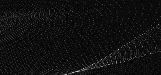 Futuristic dot wave. Abstract digital particle wave. Black and white music wave. Dark background. Digital background with smooth wavy curves. 3D rendering