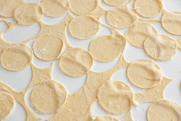 Raw homemade dumpling dough circles on a white surface.