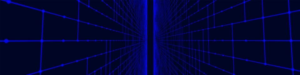 Futuristic colorful perspective grid. Abstract wireframe with blue grid on black background. Virtual landscape in digital style of 80s 90s. Simple perspective grid for design. 3D rendering