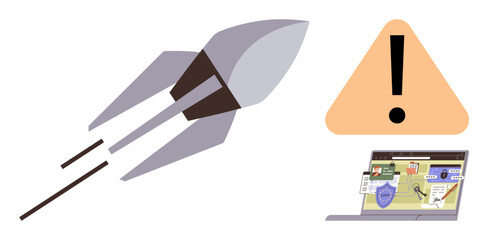 Rocket launching represents innovation and speed, warning sign implies caution, and laptop with shield and padlock conveys cybersecurity. Ideal for technology, warning, speed, safety, innovation