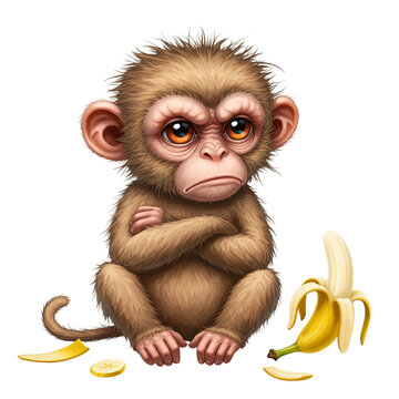 Cartoon monkey with banana sad monkey illustration clip art isolated png background