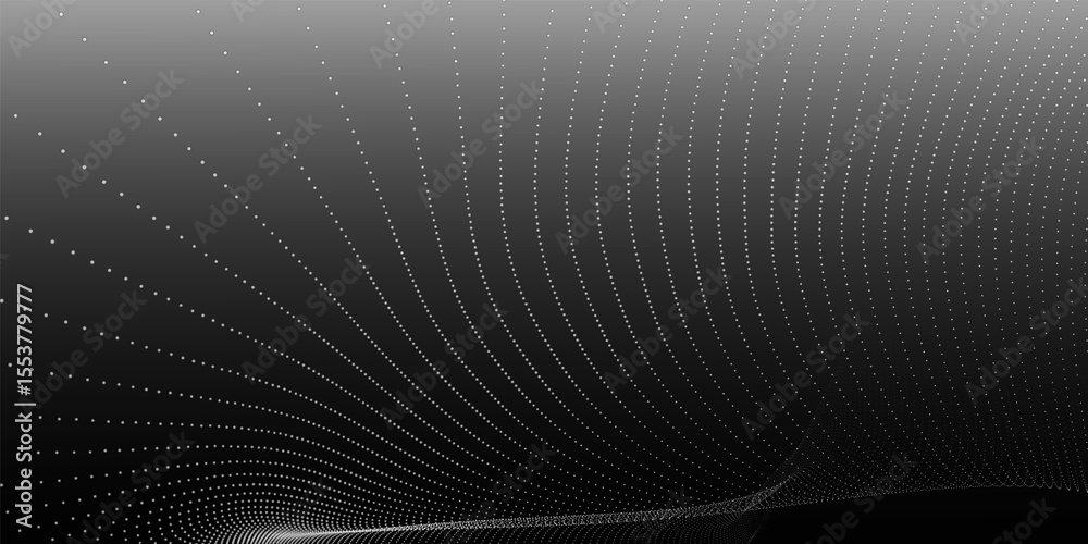Poster futuristic dot wave. abstract digital particle wave. black and white music wave. dark background. di