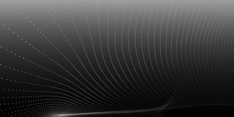 Futuristic dot wave. Abstract digital particle wave. Black and white music wave. Dark background. Digital background with smooth wavy curves. 3D rendering