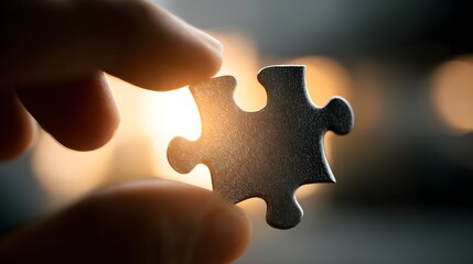 Hand Holding Jigsaw Piece, Connecting the Dots. Symbolizing completion, strategy, or problem-solving with a warm glow in the background.
