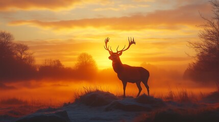 Majestic Deer Silhouette on a Foggy Hilltop at Sunrise