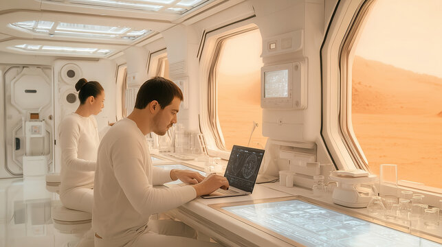 Inside a modern Martian base, two colonists engage in research a