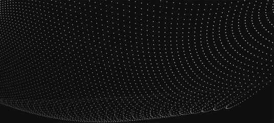 Futuristic dot wave. Abstract digital particle wave. Black and white music wave. Dark background. Digital background with smooth wavy curves. 3D rendering