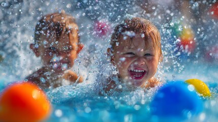 Joyful Splash: Children delight in a vibrant pool, surrounded by water droplets and colorful balls, capturing summer fun and carefree laughter.