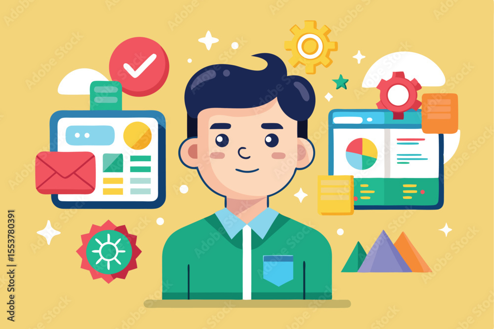 Poster focusing on ux design principles through isolated cartoon vector illustrations showcasing a designer