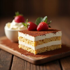 Composition with tiramisu on brown table  close up. Sweet dessert