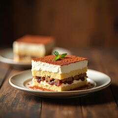 Composition with tiramisu on brown table  close up. Sweet dessert