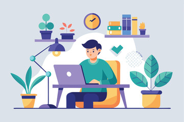 Modern workplace vector illustration depicting a young man working on a laptop in a cozy and organized office space full of plants and personal items