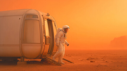 An astronaut steps out of a habitat module on Mars, engaging in