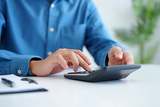 Close up of a person using a calculator for financial calculations on a desk
