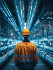 Industrial worker in a high-tech facility with illuminated pipes.