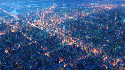 Aerial view of a bustling cityscape with high-rise buildings.
