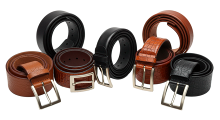 A variety of leather belts with different textures and silver buckles are showcased.