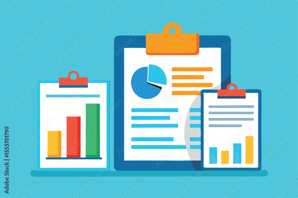 Poster chart analysis and data presentation with clipboards illustrating various metrics and information fo