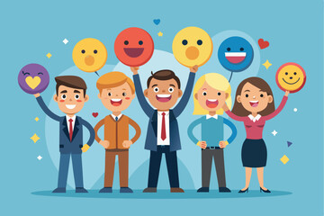 Employee satisfaction concept illustrated with cartoon characters holding happy emoji balloons to express positivity in the workplace