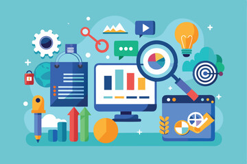 Exploring search engine optimization strategies and social media analytics through digital illustration showcasing data visualization and analysis concepts