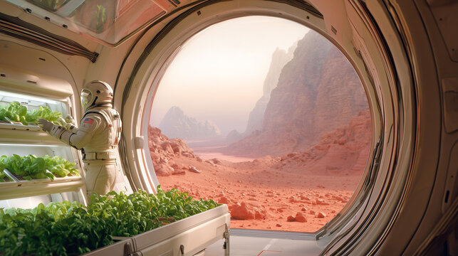 Scientists within a Martian habitat focus on cultivating plants