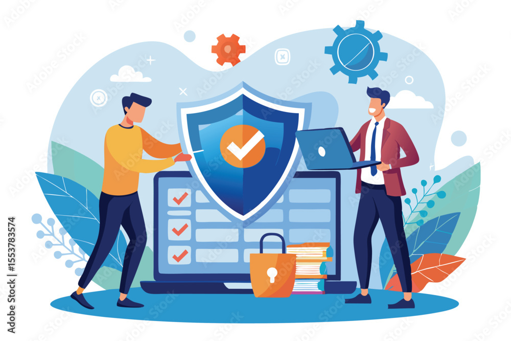 Poster two men protecting a computer and data with a shield in a flat illustration depicting cybersecurity 