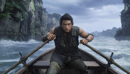 A determined man rows through turbulent waters surrounded by towering cliffs, embodying adventure and resilience.