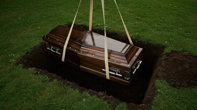 Dark wooden coffin being lowered into grave with straps, funeral burial ceremony