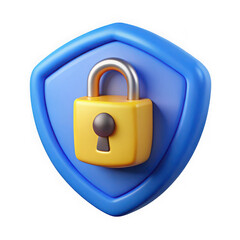 3d rendered yellow padlock secured on blue shield isolated on transparent background