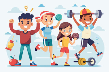 Fototapeta premium Group of animated young friends engaging in various physical activities outdoors, showcasing teamwork and healthy habits in a fun atmosphere