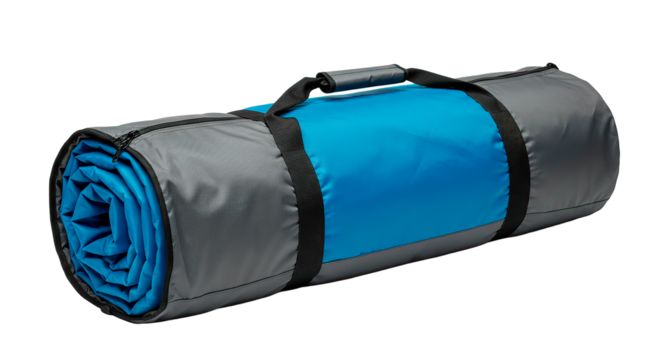 A rolled up blue and gray sleeping mat in its transportable carrying bag.