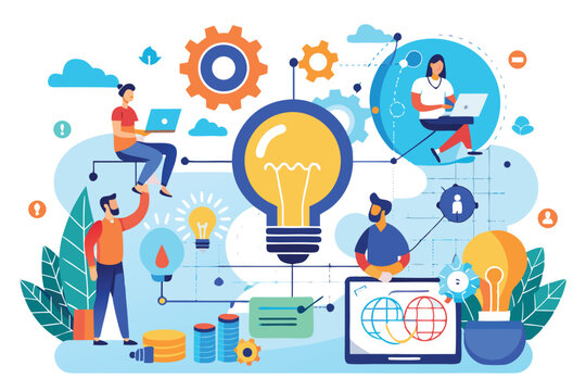 Implementation process of innovation integration with technology in a collaborative workspace featuring creative individuals and lighting ideas