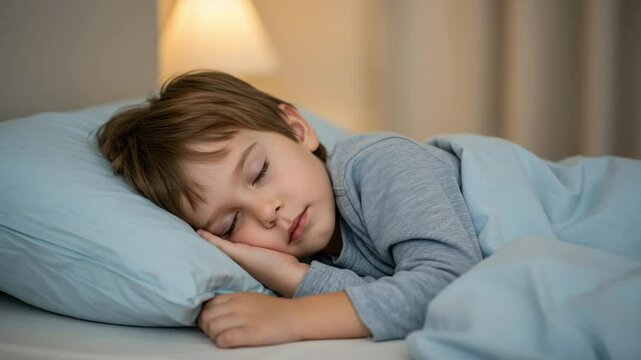 Sleeping boy on blue pillow with warm lighting, bedtime peace, childhood routine
