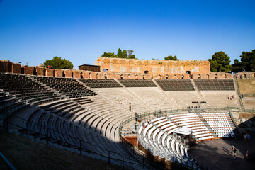 empty white banner in famous ancient theatre in Taormina, Sicily, Italy