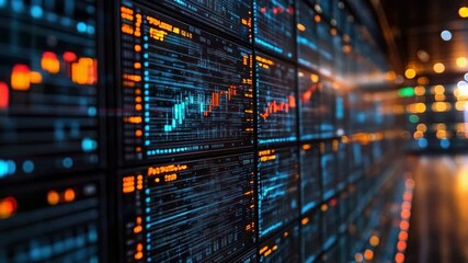 Wall of data screens with financial charts and graphs - Powered by Adobe