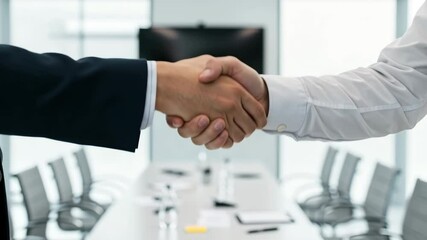 Business handshake in conference room, formal agreement and meeting start