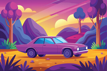 Vibrant purple car parked in serene landscape surrounded by colorful trees and rolling hills during sunset in a tranquil setting