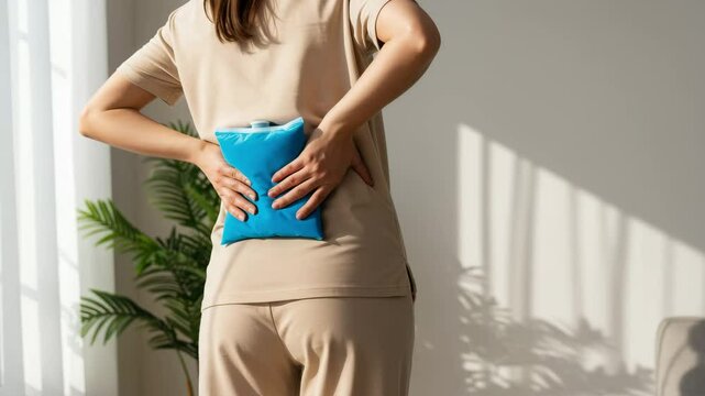 Woman holding reusable cold pack on lower back, pain relief therapy, copyspace