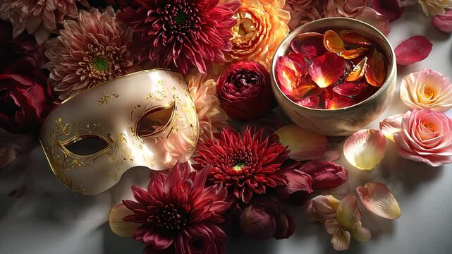 A Venetian mask, surrounded by a profusion of colorful flowers and petals, lies on a light surface